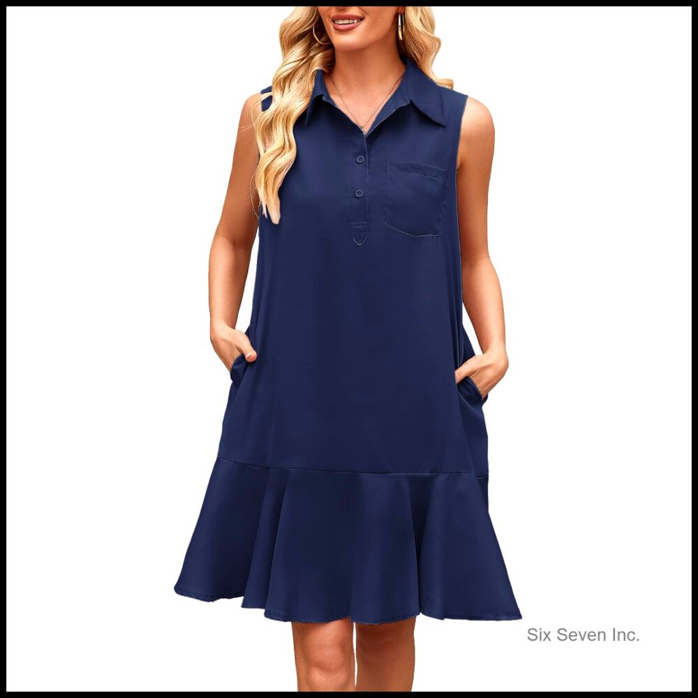 Sleeveless Shift Mini Dress V-Neck Collared With Pockets 100% Polyester